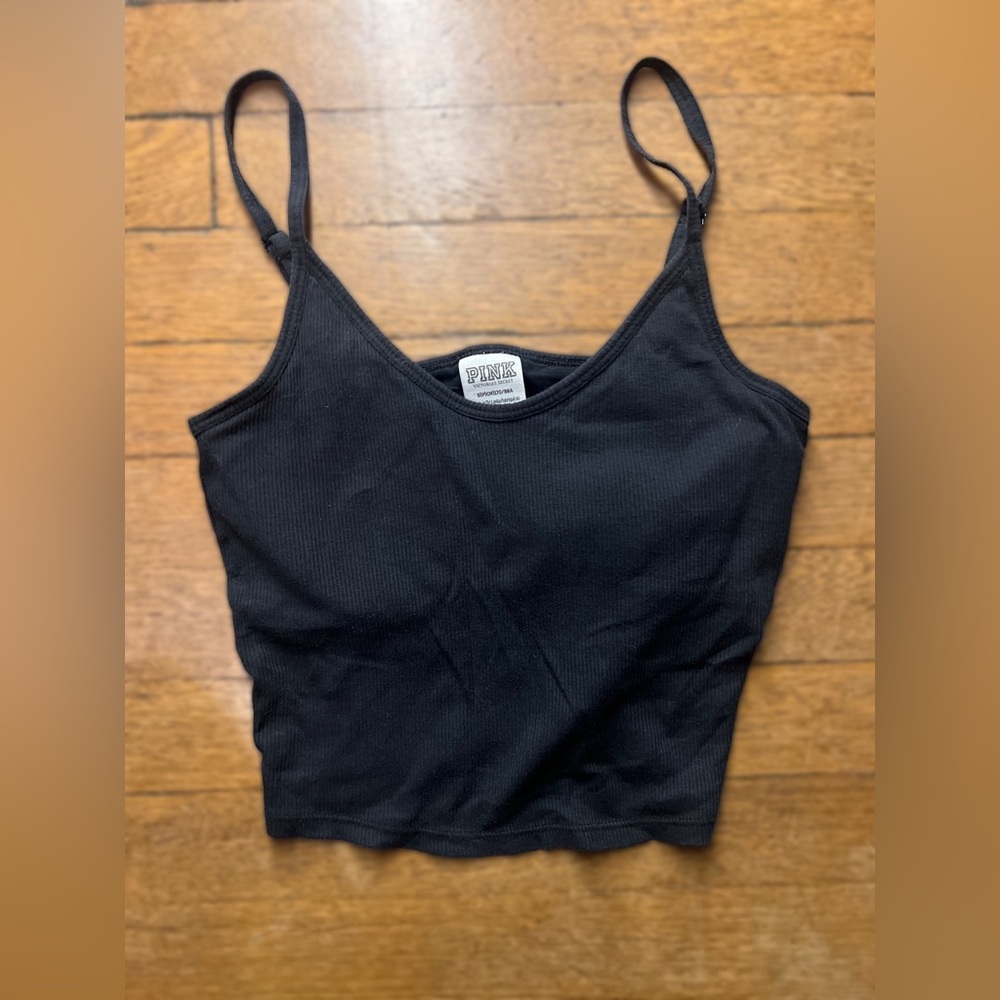 PINK Victoria's Secret Black Ribbed Cropped Cami with Adjustable Straps
